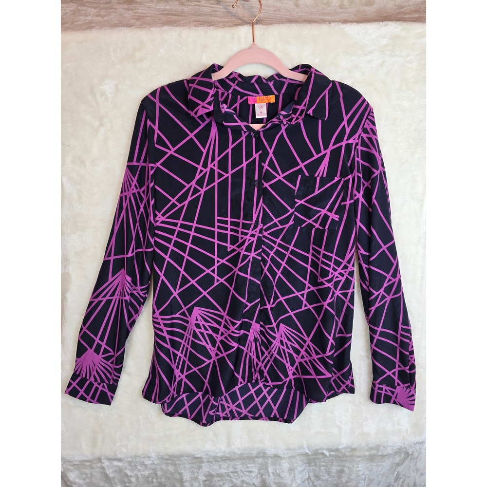 Catch My I Womens Geometric Print Button Down Blouse Black Magenta Size M